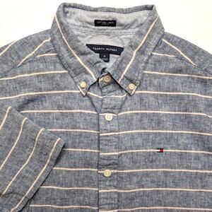 Tommy Hilfiger Mens Linen‎ Short Sleeve Button Down - Medium Gray White Stripe